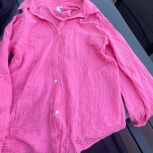 Jonathan simkai hot pink button down waffle material shirt